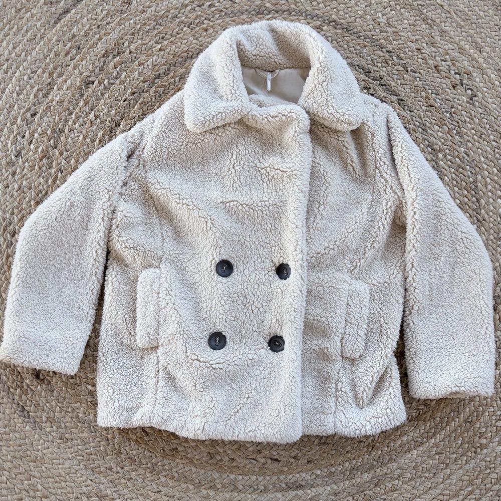 Free People Brown Teddy Peacoat Oversized Double Breasted Women's Size M Notched